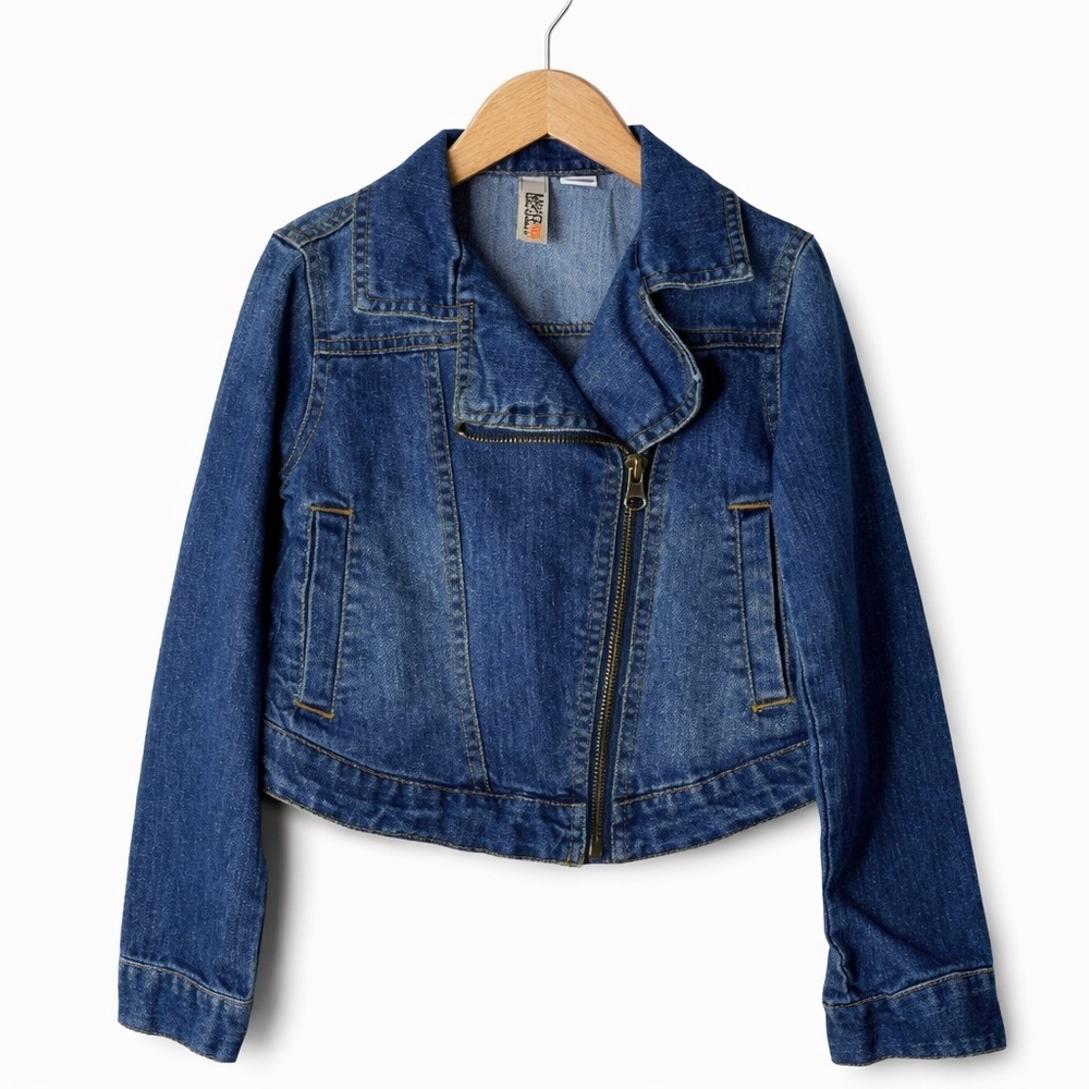 Route 66 Kids Moto Denim Jacket Size 6/6X Blue Jean Jacket Biker Style